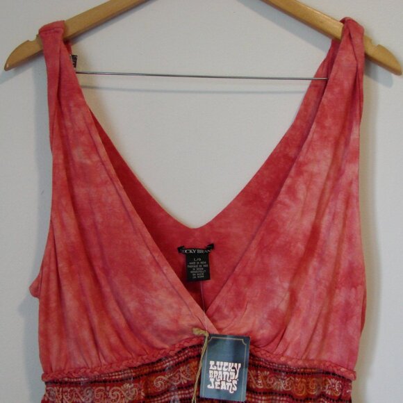 Lucky Brand Babydoll Top Boho Sleeveless V-neck Pink Red Orange NEW NWT Large - Picture 2 of 12